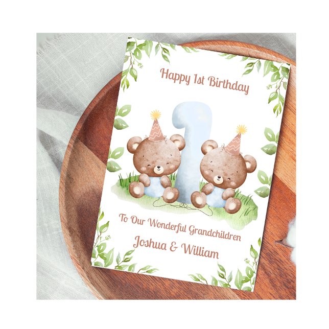 Cartão Boy Twins 1st Birthday Greenery Teddy Bear Card (Criador carregado)