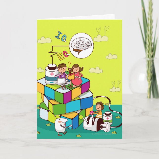 Cartão Boy with a girl sitting on a Rubik's cube puzzle (Frente)