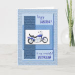 Cartão Boyfriend, motor bike birthday<br><div class="desc">A blue motor cycle on an abstract blue background. The front says "Happy Birthday to my wonderful boyfriend". A great card for a boyfriend who is a motor bike enthusiast. The textures on the front of this card are printed.</div>