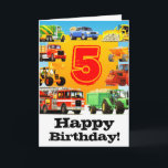 Cartão Boy's Custom Construction Truck Happy 5th Birthday<br><div class="desc">Nine bright colourful trucks surround a great big number 5! Add your own age! A green and yellow cement mixer, blue pick up truck, yellow bulldozer, orange dumper truck, red road roller, green tractor and trailer, big red firetruck, yellow digger and a builder's red truck! All kinds of transport, the...</div>