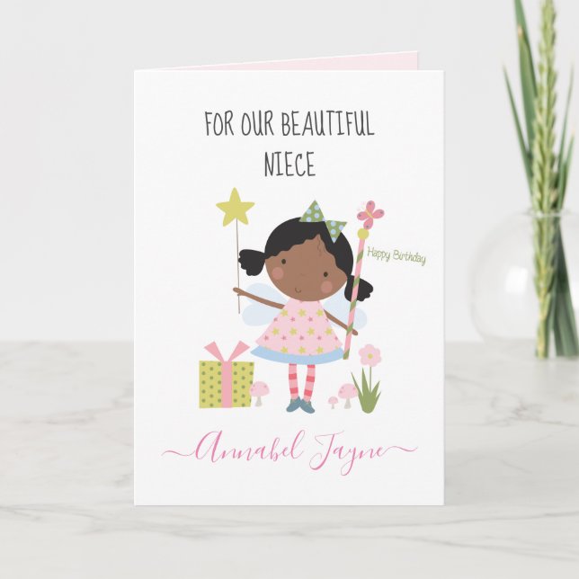 Cartão Branca-de-fada-rosa-fada de aniversário da sobrinh (Frente)