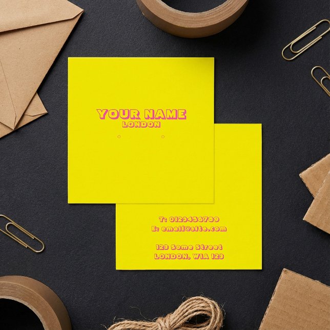 Cartão branco, amarelo-neo e cor-de-rosa (Bright neon yellow and pink earring holder card.)