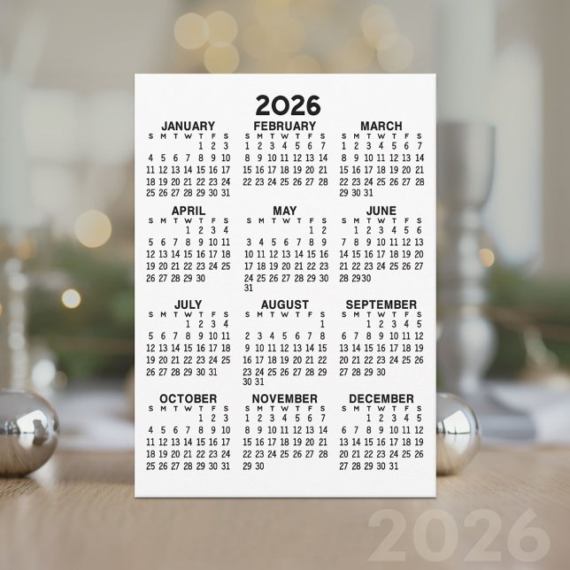 Cartão Branco Básico de Visualização do Ano do che (2026 Calendar Card)
