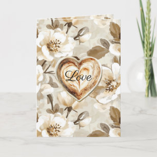 Cartão Branco Creme Marrom Floral Coração Amor