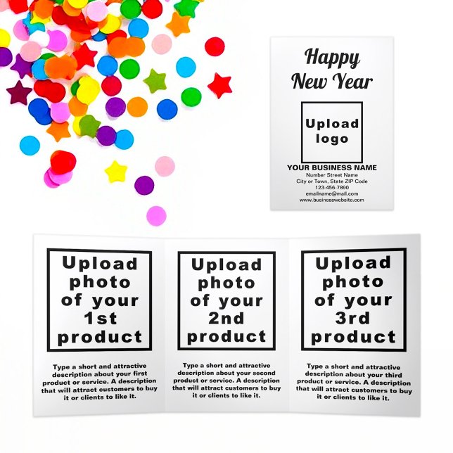 Cartão Branco de Ano Novo para Empresas (New Year greeting, business brand and products on white trifold card)