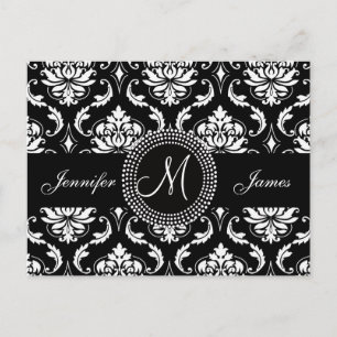 Cartão branco preto do casamento tema damasco RSVP