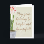 Cartão Bright and Beautiful Watercolor Amaryllis Flower<br><div class="desc">With lots of room on both the front and inside of these greeting cards you can easily add your own personalized greeting. The cards feature a watercolor style illustration of a blooming amaryllis flower in white, pink and coral with a bright green stem and leaves for a subtle but festive...</div>