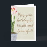Cartão Bright and Beautiful Watercolor Amaryllis Flower<br><div class="desc">With lots of room on both the front and inside of these greeting cards you can easily add your own personalized greeting. The cards feature a watercolor style illustration of a blooming amaryllis flower in white, pink and coral with a bright green stem and leaves for a subtle but festive...</div>