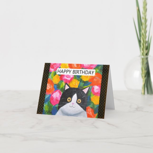 Cartão Bright Happy Floral Tuxedo Cat Art Aniversário (Frente)