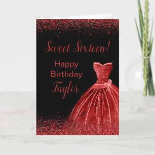 Cartão Bright Red Dress Faux Glitter Sweet 16 Aniversário