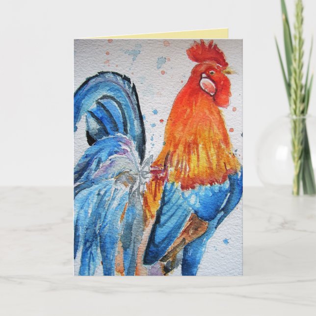 Cartão Bright Red Rooster Watercolor Card (Frente)