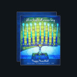 Cartão Brilhante Azul Hanukkah Menorah<br><div class="desc">"Brilhar durante toda a temporada." Um roteiro de caligrafia branca e uma ilustração artística e de fotos íntimas de uma brilhante, colorida menorah azul que o ajuda a lançar no feriado de Chanucá. Sinta o calor e a alegria da época de férias sempre que você envia este cartão de saudação...</div>
