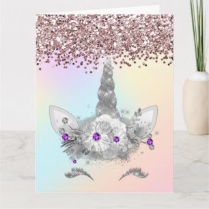 Cartão Brilhante rosa e Unicórnio prateado