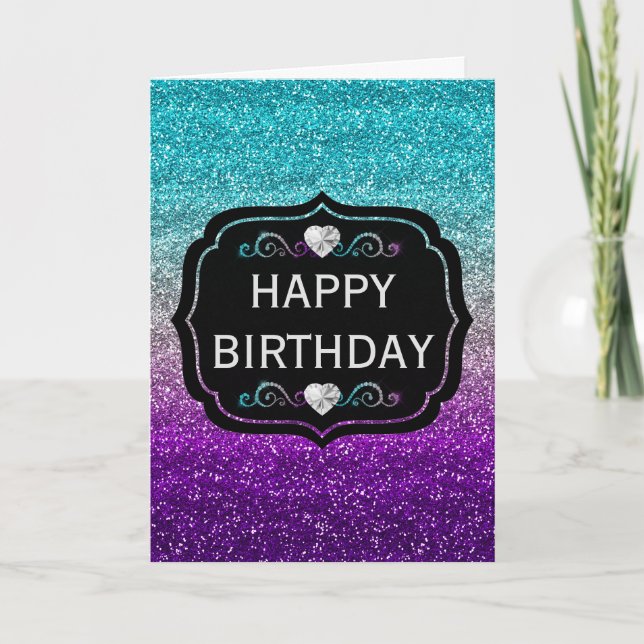 Cartão Brilho Azul e Roxo Gradiente Glitter Aniversário (Frente)