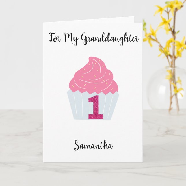 Cartão Brilho rosa e primeiro aniversario Cupcake (Flor Amarela)