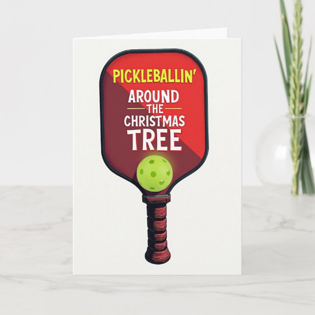 Cartão Brincando de Pickleball em Volta da Árvore de Nata (Frente)