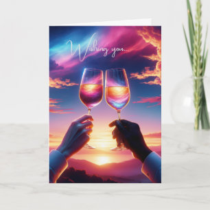 Cartão Brinde de Vinho de Aniversário ao Pôr do Sol