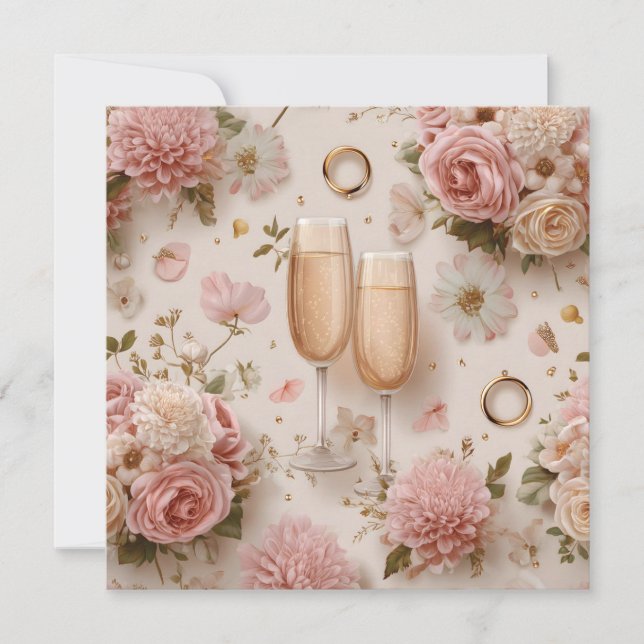 Cartão Brinde Romântico com Champanhe e Flores Elegantes (Frente)