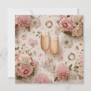 Cartão Brinde Romântico com Champanhe e Flores Elegantes