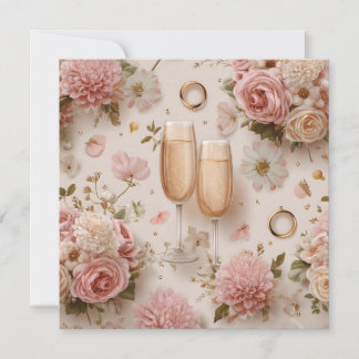 Cartão Brinde Romântico com Champanhe e Flores Elegantes