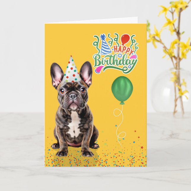 Cartão Brindle French Bulldog Party Hat Yellow Birthday (Flor Amarela)