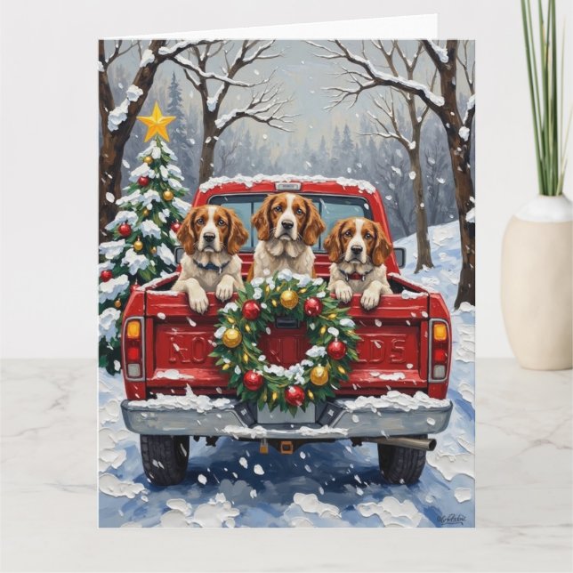 Cartão Brittany Spaniel Christmas Red Truck Holiday (Frente)