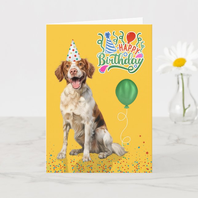 Cartão Brittany Spaniel Dog Party Hat Yellow Birthday (Planta pequena)