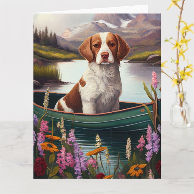 Cartão Brittany Spaniel em um Paddle: Uma aventura Cênica (Flor Amarela)
