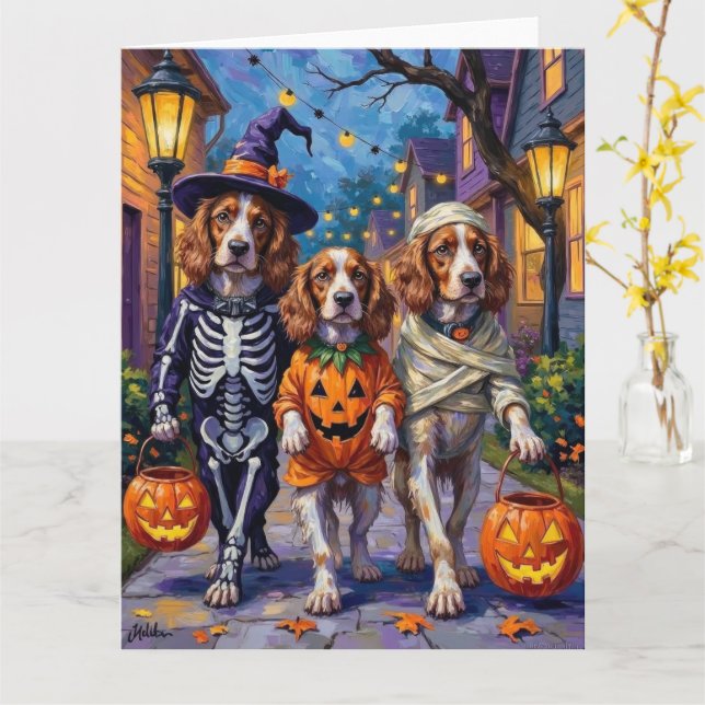 Cartão Brittany Spaniel Trick-or-Tratating In Halloween (Flor Amarela)