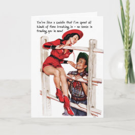 Cartão Broken in Saddle 1950s Cowgirl Greeting Card