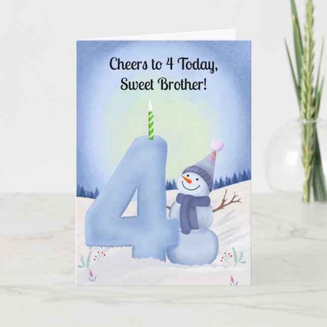 Cartão Brother 4th Birthday Snowman with Snowy Four (Frente)