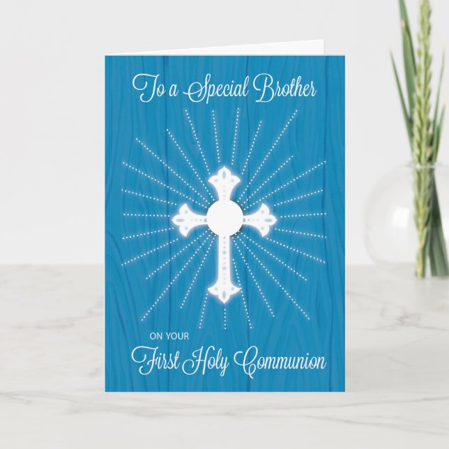 Cartão Brother First Communion Cross and Rays on Blue (Frente)