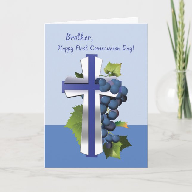 Cartão Brother First Holy Communion, Blue and Silver Cros (Frente)