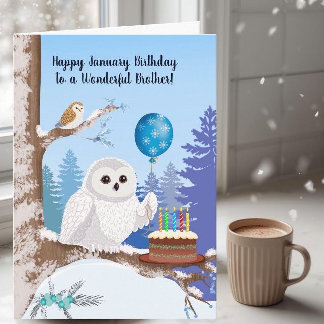 Cartão Brother Happy January Birthday Snowy Owl (Criador carregado)