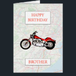 Cartão Brother Map e Motorbike Birthday<br><div class="desc">Feliz aniversário para um entusiasta da moto. Uma bicicleta vermelha com um roteiro ao fundo. Um cartão de excelente para um irmão que ama bicicleta e andar. - Mapa base e dados da OpenStreetMap e da OpenStreetMap Foundation © OpenStreetMap</div>