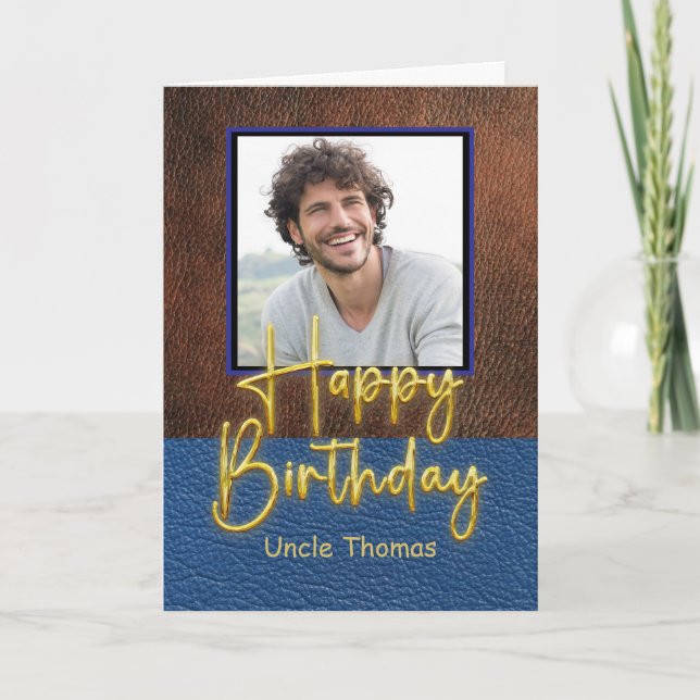 Cartão Brown and Blue leather Gold Script Uncle Birthday (Frente)
