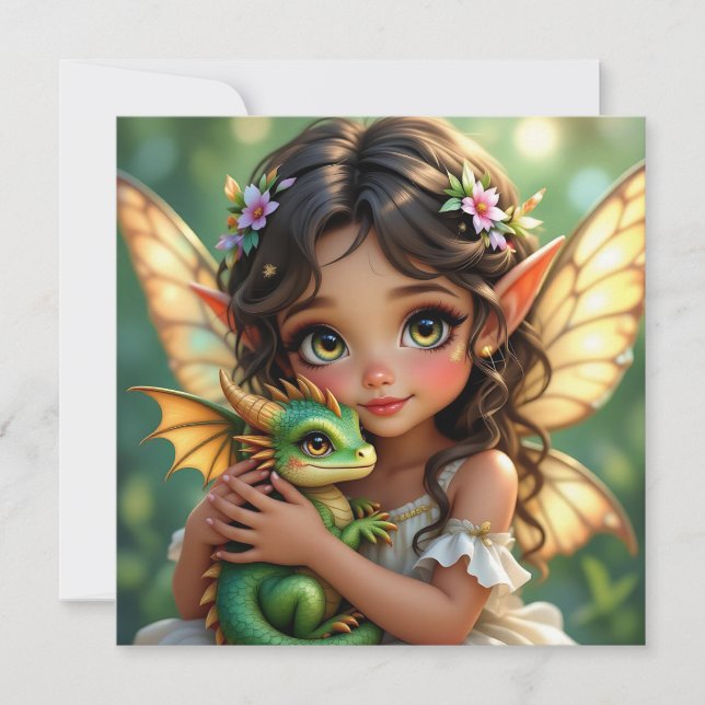 Cartão Brown Eyed Elven Fairy and Dragon  (Frente)