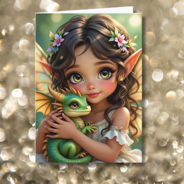 Cartão Brown Eyed Elven Fairy and Dragon Birthday (Criador carregado)