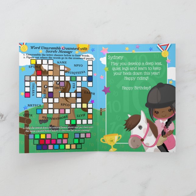 Cartão Brown Girls Equestrian Mensagem Secreta Aniversári (Interior)