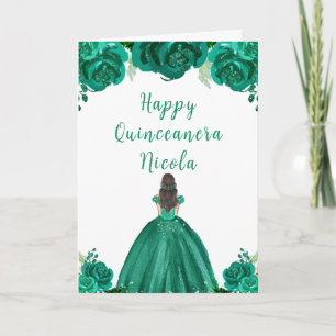 Cartão Brown Hair Princesa Verde Quinceanera