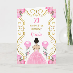 Cartão Brown Hair Princess Pink Happy Birday