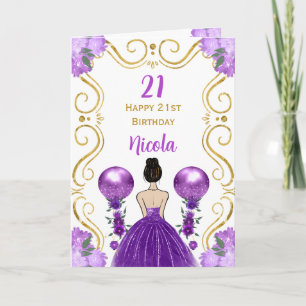 Cartão Brown Hair Princess Purple Happy Birday