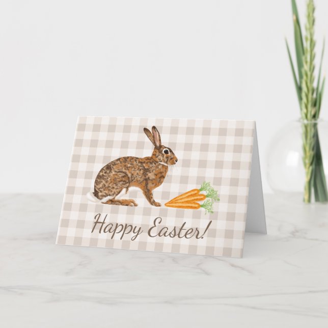 Cartão Brown Hare And Carrots Beige Gingham Happy Easter (Frente)