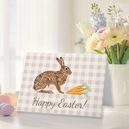 Cartão Brown Hare And Carrots Beige Gingham Happy Easter