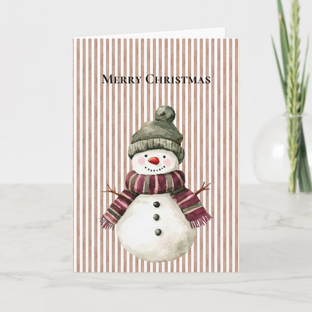 Cartão Brown Stripes Christmas Snowman (Frente)