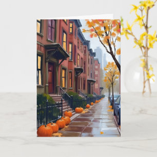 Cartão Brownstones de Outono em Boston Aguarela de Abóbor