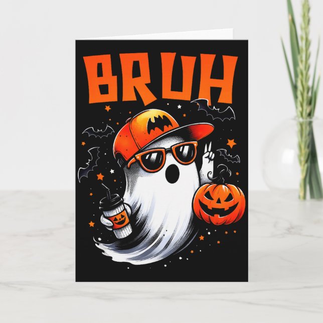 Cartão Bruh Ghost Halloween Cute Ghost Trick Or Treat Can (Frente)
