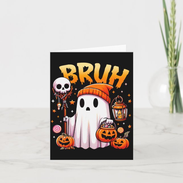 Cartão Bruh Ghost Halloween Cute Ghost Trick Or Treat Can (Frente)
