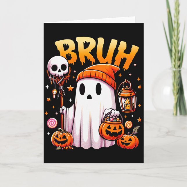 Cartão Bruh Ghost Halloween Cute Ghost Trick Or Treat Can (Frente)