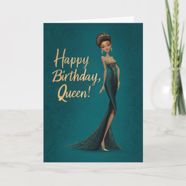 Cartão Brunette Girl in Dark Teal Gown Happy BDay Queen (Frente)